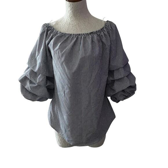Kontrol contemporary striped blouse L puff sleeve black white off shoulder - Picture 2 of 8
